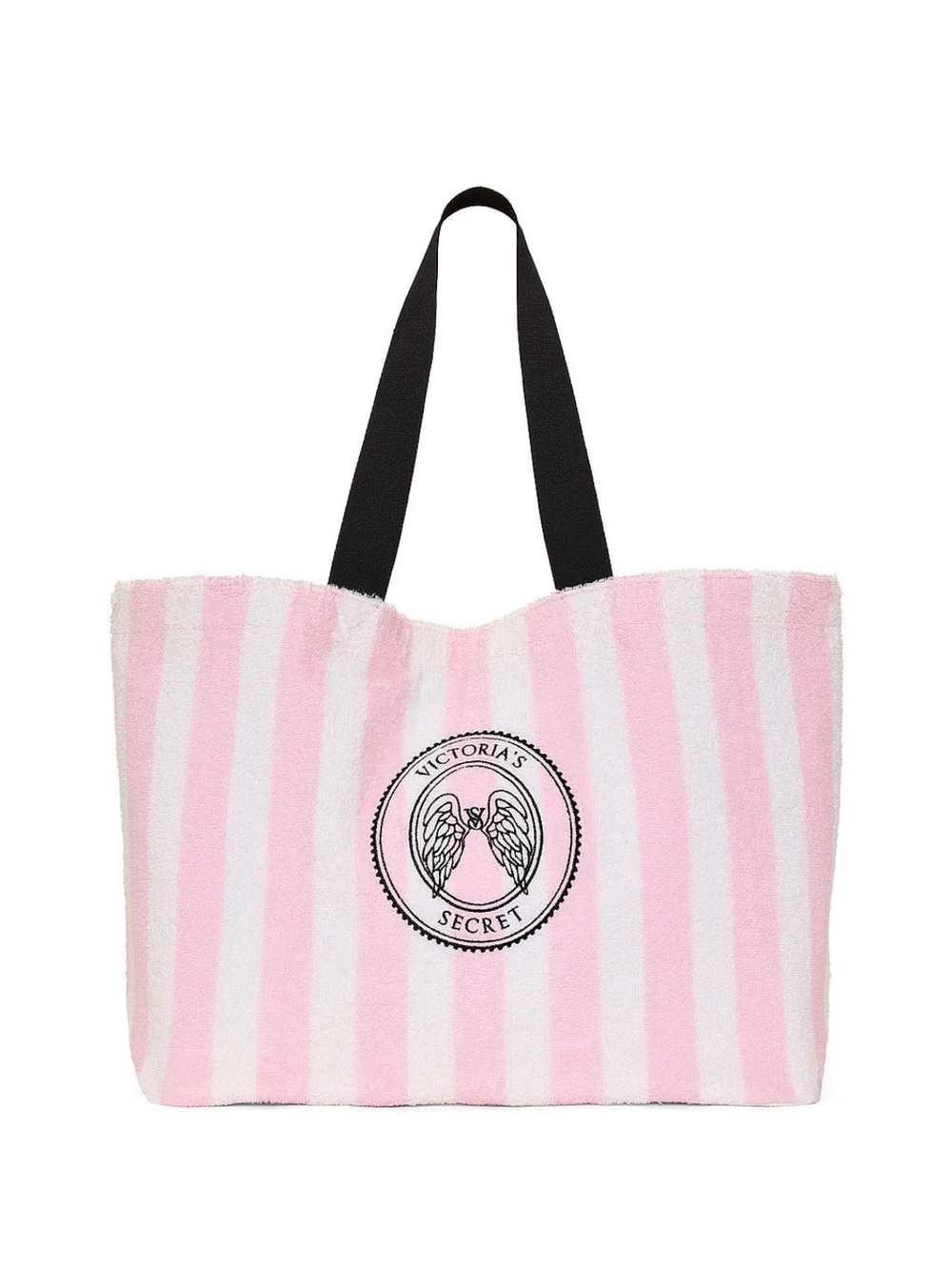 Victoria's Secret Pink & White Striped Logo Tote with Black Straps
